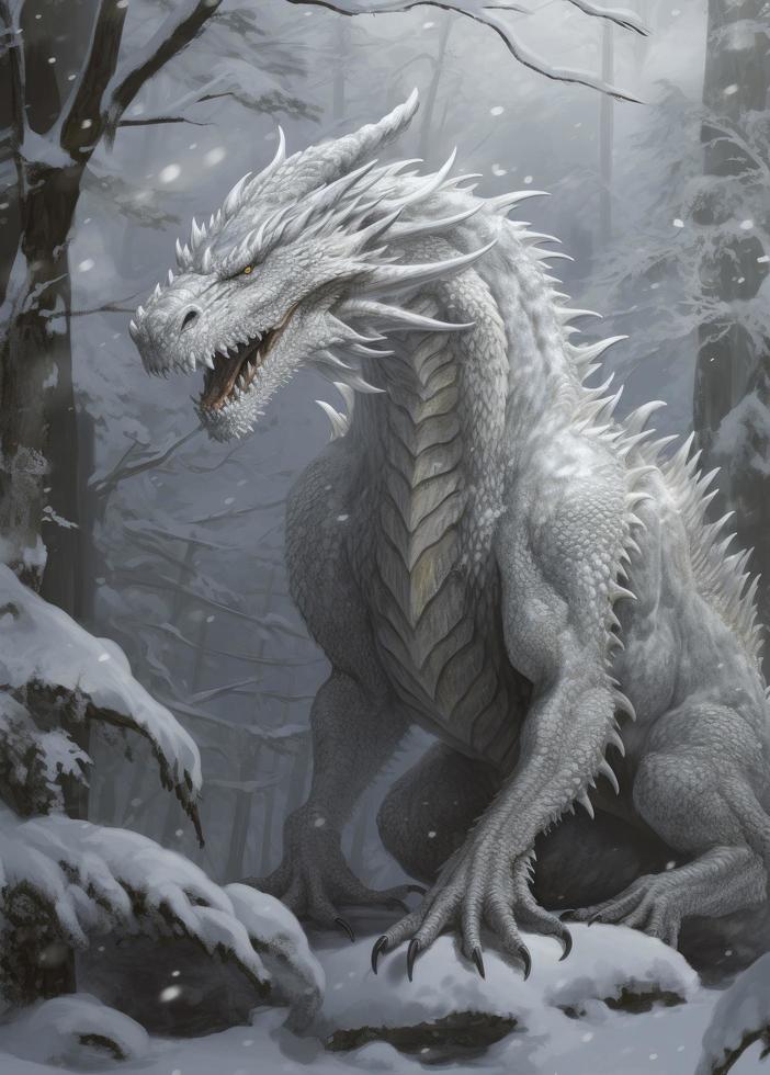 ein Weiß Drachen Gehen im das Schnee, im das Stil von jenseitig Illustrationen, riesig Skala, unheimlich realistisch, Anime-inspiriert Figuren, Wetterkern, rätselhaft Porträts, stachelig Hügel, erzeugen ai foto