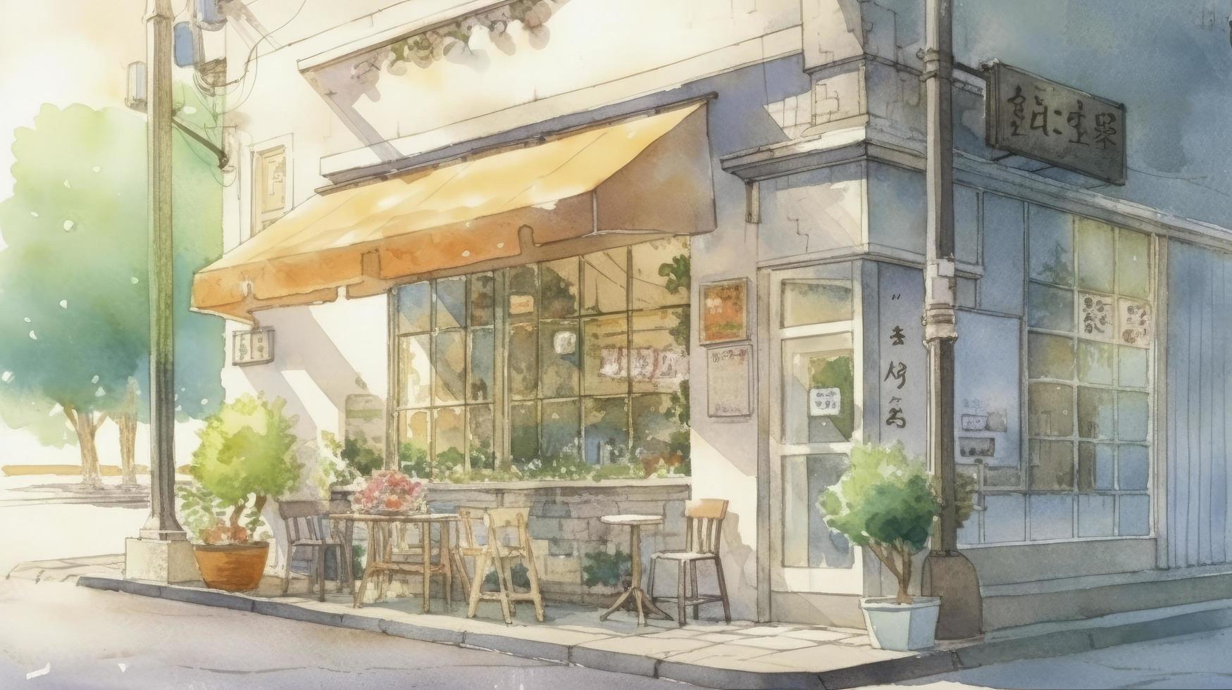 Licht Aquarell, draußen von ein Café hell Weiß Hintergrund, generieren ai foto