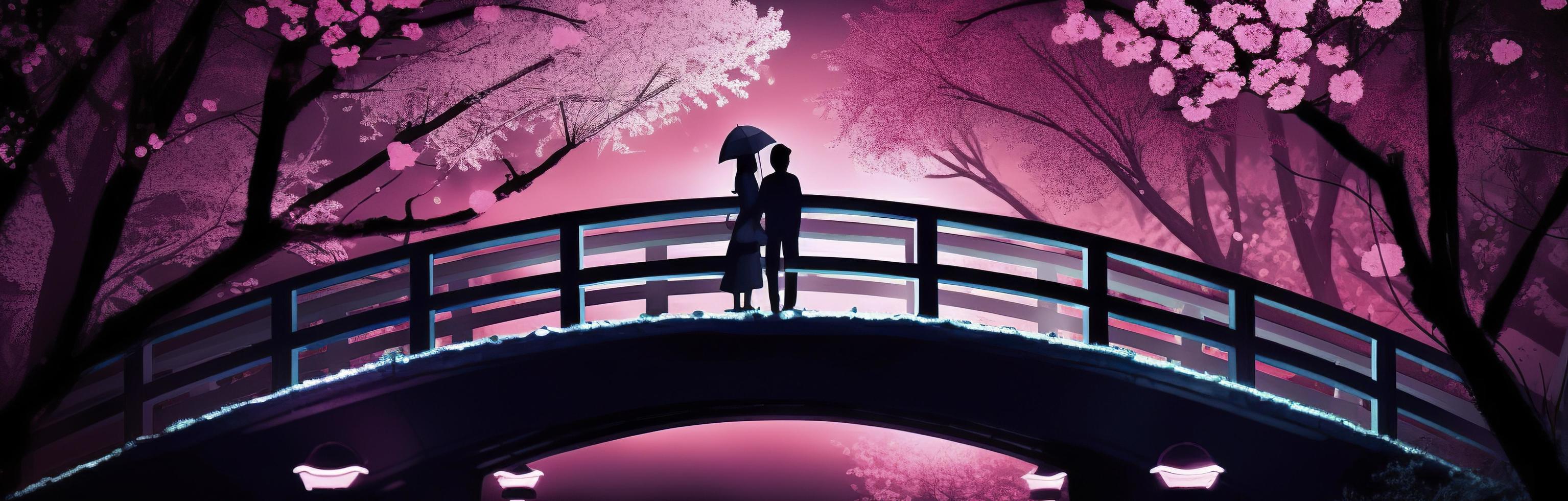 Liebe Paar auf Brücke im Nacht Park mit Sakura, erzeugen ai foto