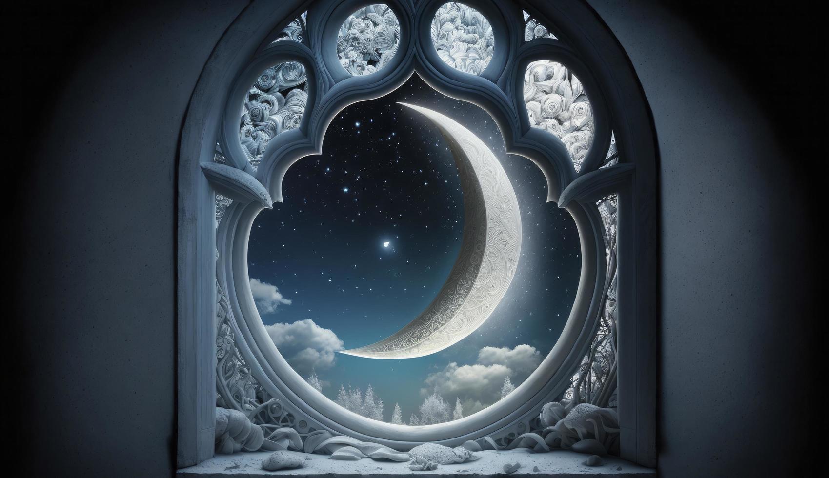 mystisch Fenster mit Halbmond Mond im Nacht Himmel, islamisch Gruß eid Mubarak zum Muslim Feiertage. eid-ul-adha Festival Feier. Arabisch Ramadan karem, generieren ai foto