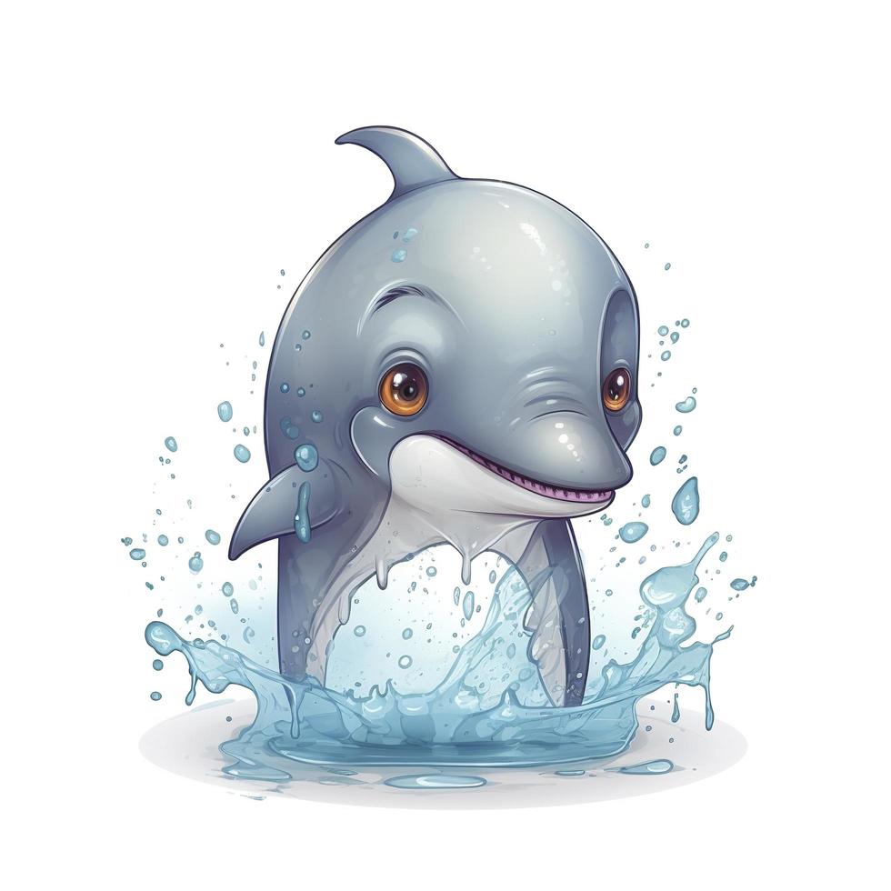 gezeichnet Karikatur süß komisch Delfin Weiß Hintergrund, Minimalismus, erzeugen ai foto