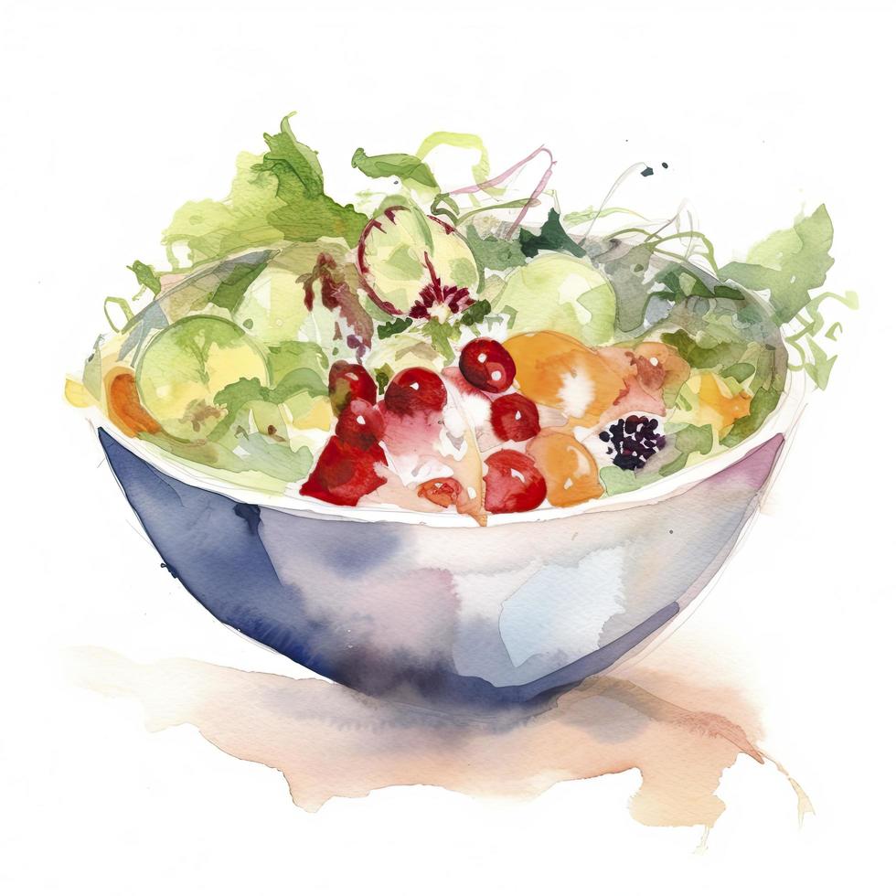 einfach abstrakt Aquarell Zeichnung von ein Salat Schüssel, Weiß Hintergrund, generieren ai foto