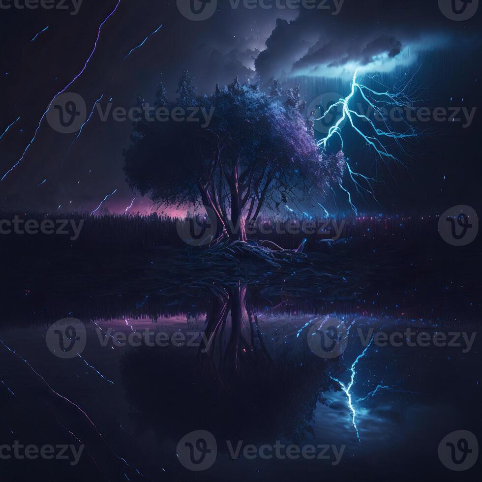 Blitz im das Nacht Himmel gegen das Hintergrund von ein Teich und ein alt Baum.dunkel Illustration von ein Gewitter gegen ein Single Baum.ai generiert. foto