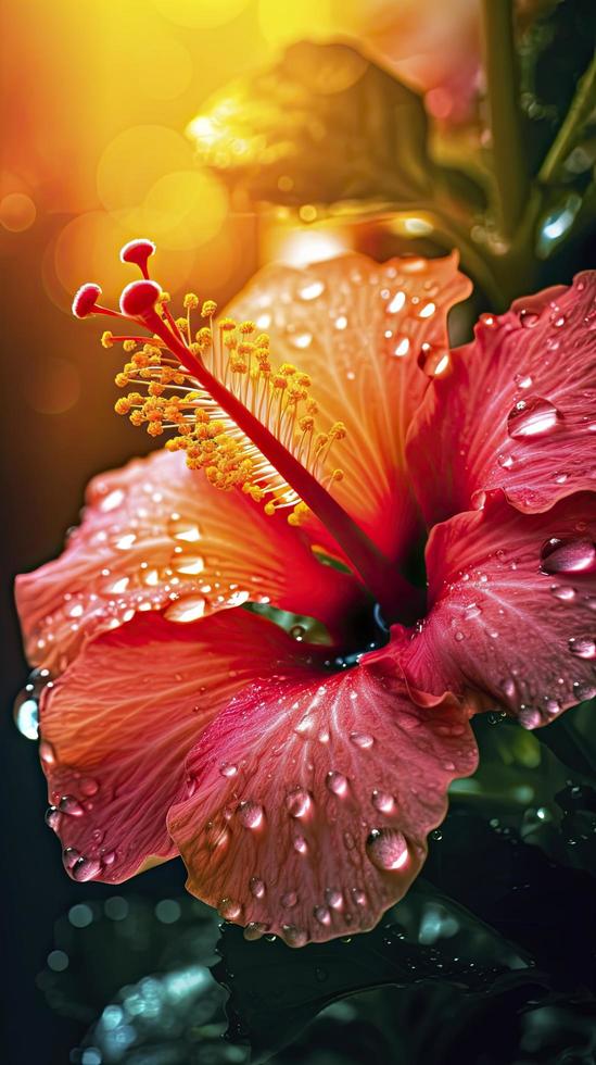 Hibiskus Blume mit Wasser Tropfen mit zufällig Hintergrund, Sonne erheben, generieren ai foto