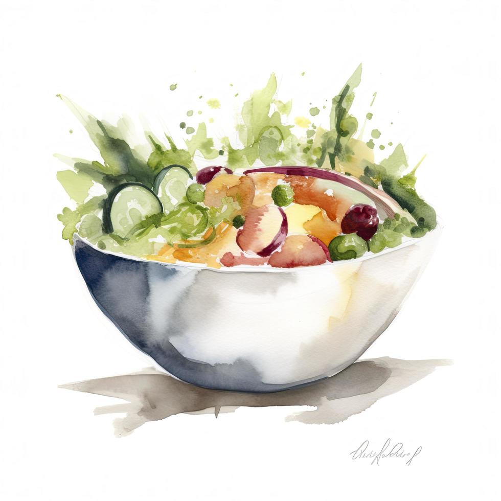 einfach abstrakt Aquarell Zeichnung von ein Salat Schüssel, Weiß Hintergrund, generieren ai foto