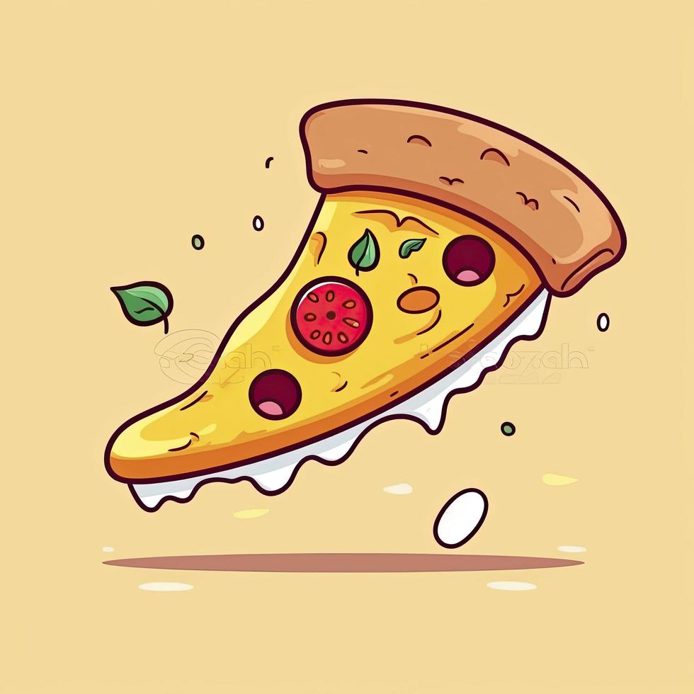 fliegend Scheibe von Pizza Karikatur Vektor Illustration. schnell Essen Konzept isoliert Vektor. eben Karikatur Stil, erzeugen ai foto