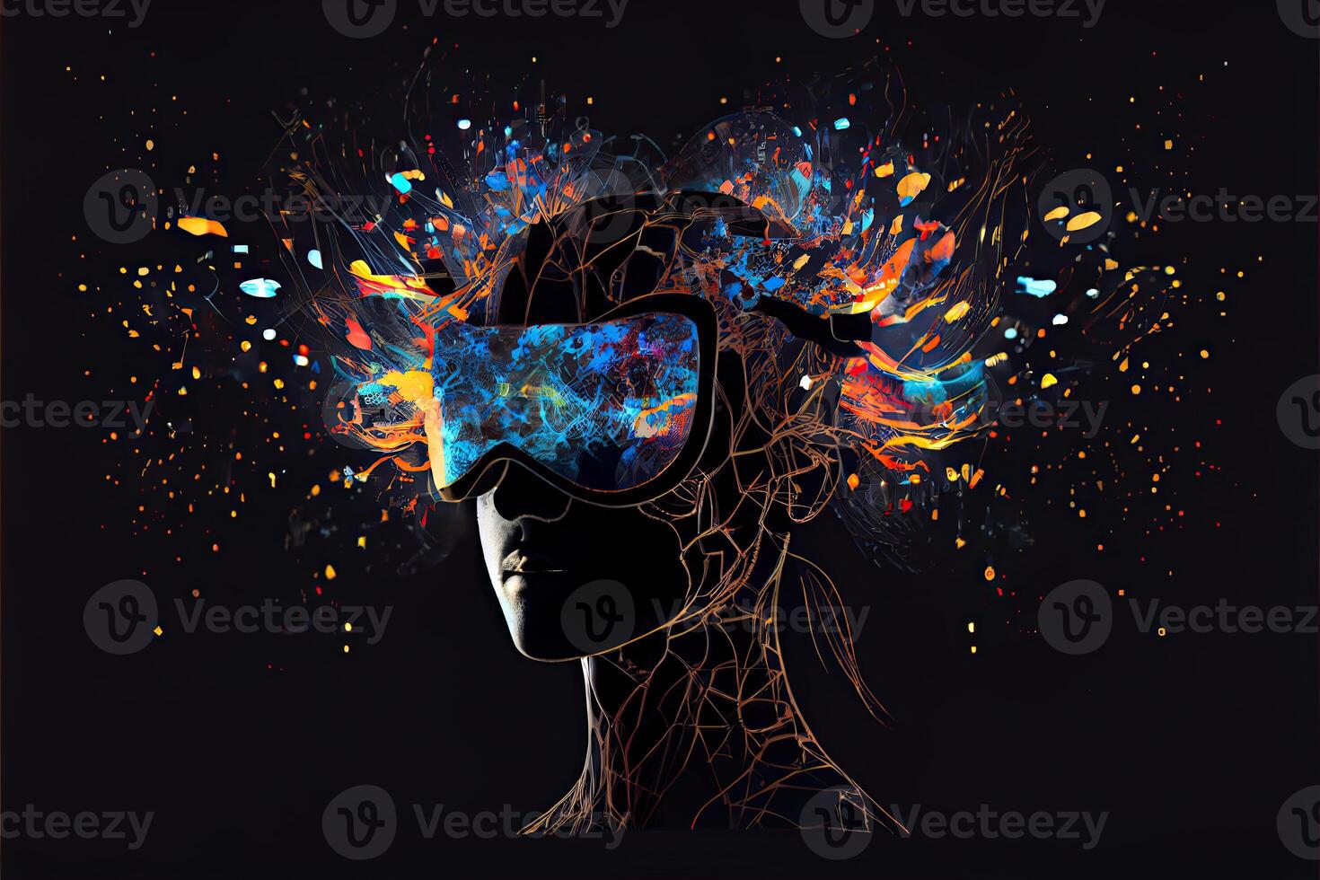 Metaverse Konzept und virtuell Welt Elemente. virtuell Wirklichkeit Headset generiert ai foto