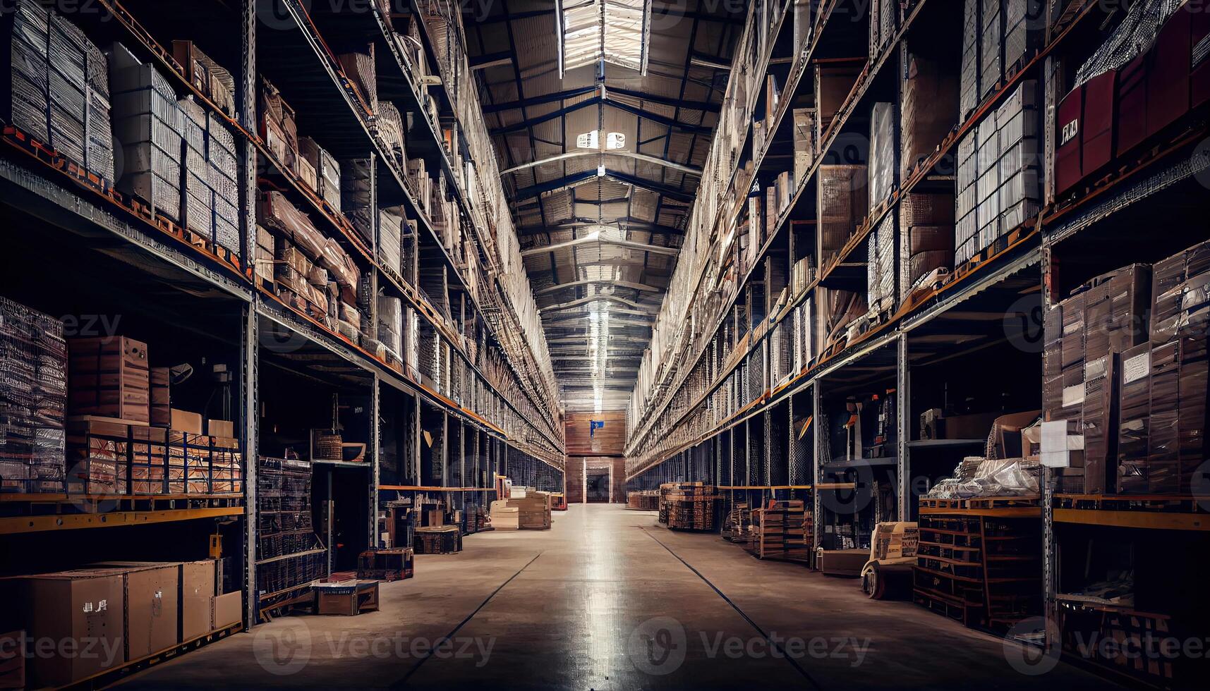 groß industriell Warenhaus mit Regale voll von Waren generiert ai foto