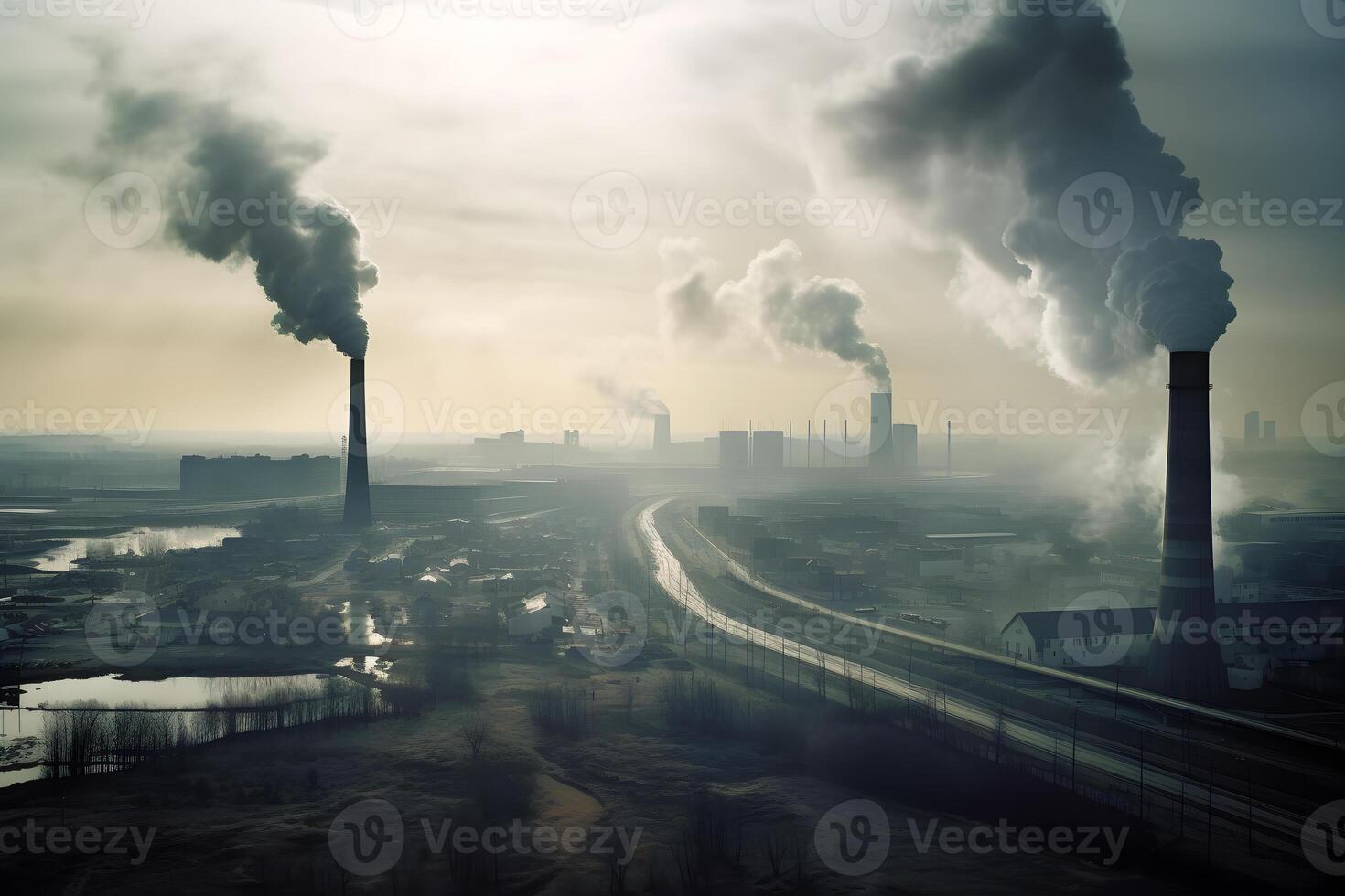 industriell Fabriken Freisetzung Auspuff Dämpfe in das Atmosphäre. generativ ai foto