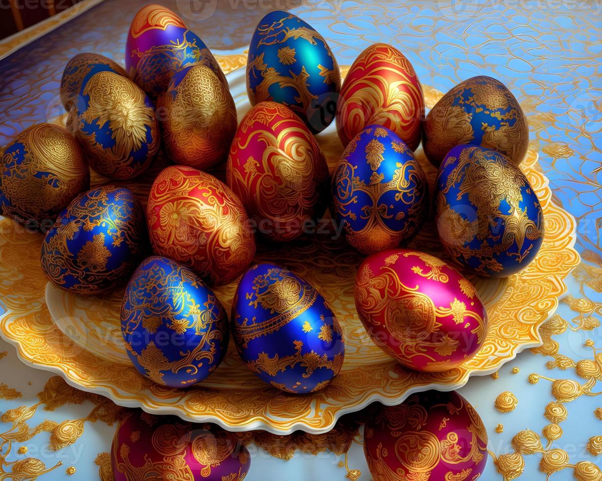 gemalt Ostern Eier feiern ein glücklich Ostern auf ein Frühling Tag mit ein Grün Gras Wiese, hell Sonnenlicht und ein Hintergrund mit Kopieren Raum und ein rustikal hölzern Bank zu Anzeige Produkte foto