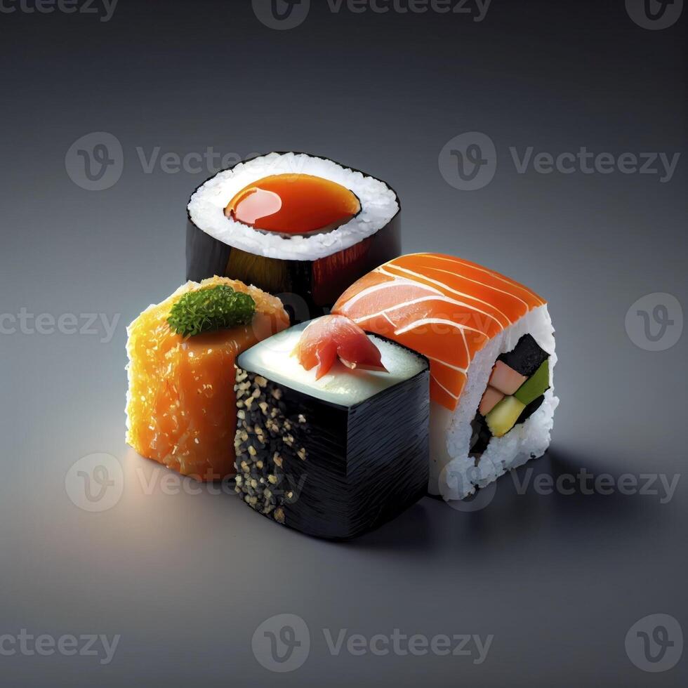 Sushi japanisch Essen ich im das eben hölzern Tafel realistisch Produkt Vitrine zum Essen Fotografie ai generiert ai generiert foto