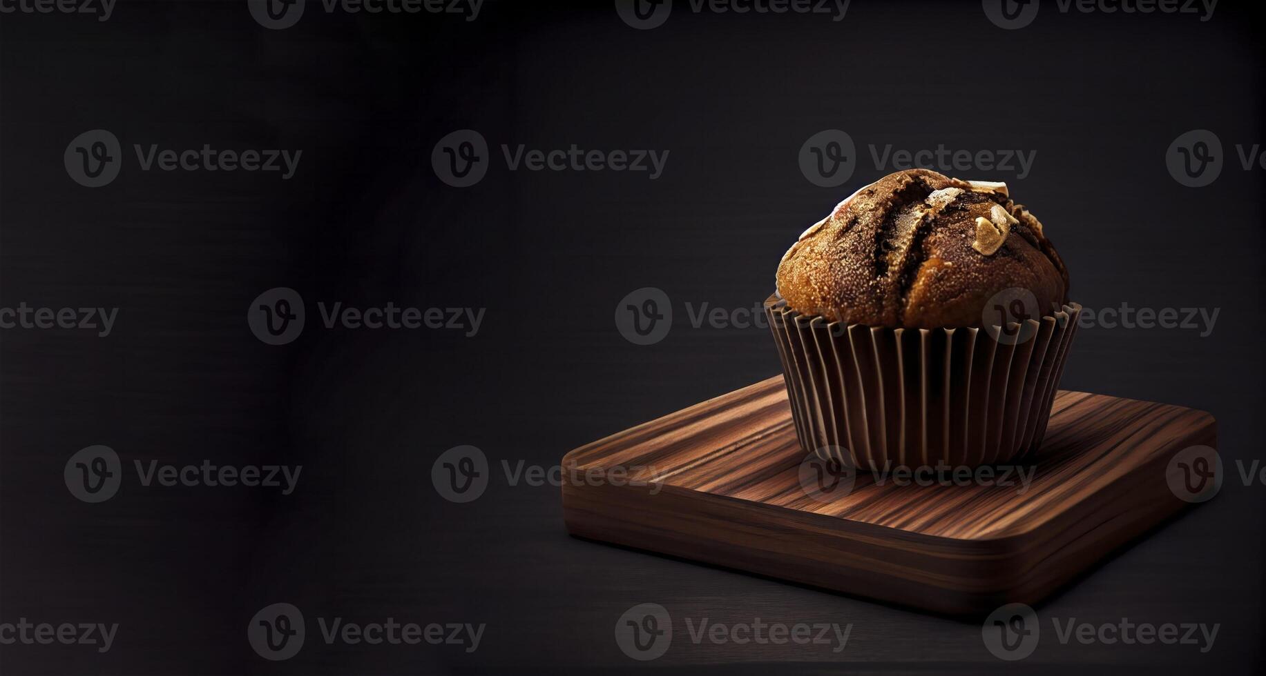 Muffin im das hölzern Tafel realistisch Produkt Vitrine zum Essen Fotografie ai generiert foto