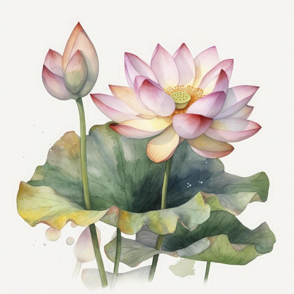 kostenlos Lotus Blumen Wasser Farbe, Pastell- ,Weiss Hintergrund , erzeugen ai foto