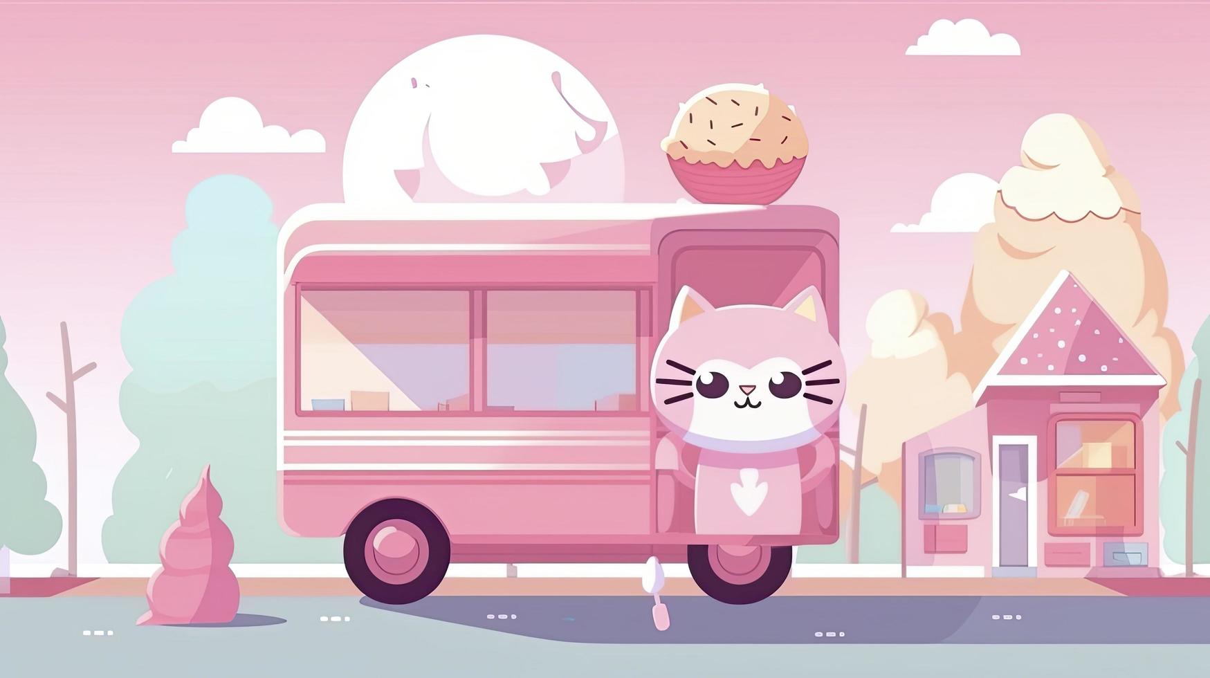 ein 2d animiert kawaii Szene, ein süß Chibi Katze Stehen im Vorderseite von ein Eis Sahne LKW, 2d Karikatur Stil, erzeugen ai foto