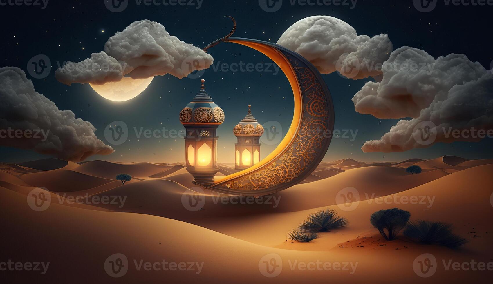 islamisch Illustration von ein Halbmond Mond und realistisch Wolken mit traditionell Laternen und Sand Dünen. generativ ai foto