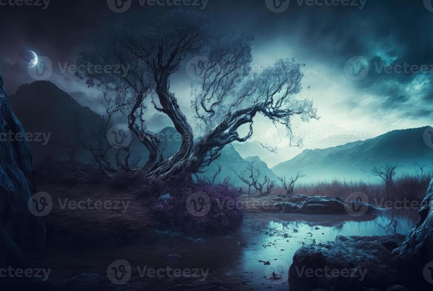 mysteriös düster Nacht Landschaft mit Baum. generativ ai foto