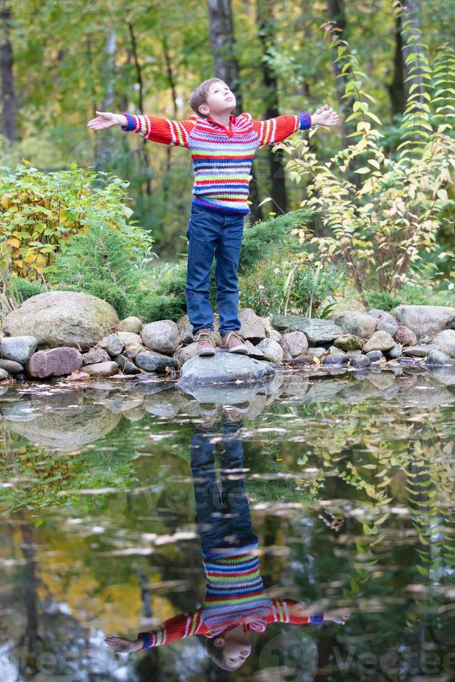 Kind auf ein Herbst gehen. aufrecht Junge im ein warm Sweatshirt durch das Herbst See. foto