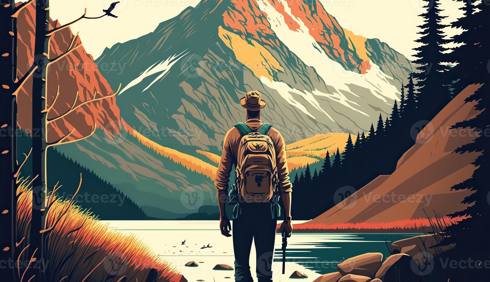 ai generiert. generativ ai. Abenteuer draussen Natur motivierend Poster mit Mann Stehen im fron von ein Berg. Grafik Kunst foto