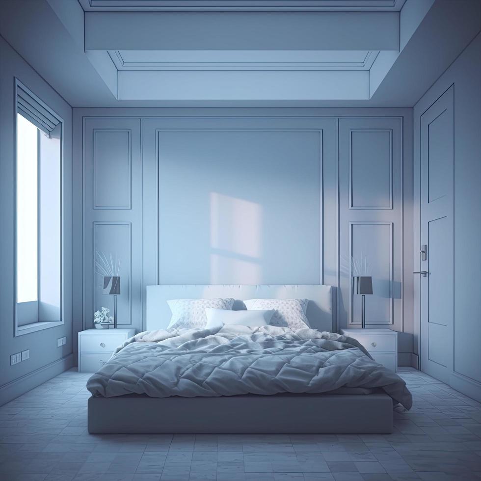 leeren modern, minimal und Luxus Licht Blau Schlafzimmer dynamisch Beleuchtung, realistisch, 8 Tausend, erzeugen ai foto