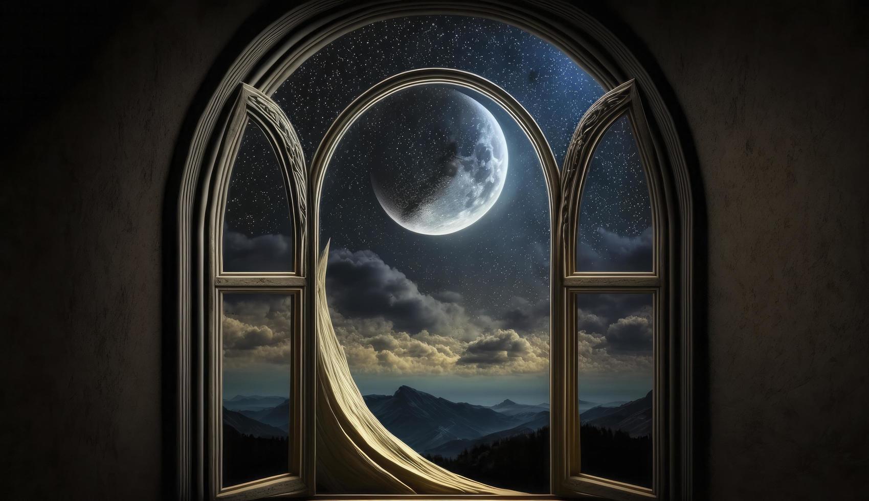 mystisch Fenster mit Halbmond Mond im Nacht Himmel, islamisch Gruß eid Mubarak zum Muslim Feiertage. eid-ul-adha Festival Feier. Arabisch Ramadan karem, generieren ai foto