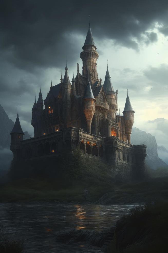 enorm gotisch Schloss mit Fantasie Umfeld, generieren ai foto