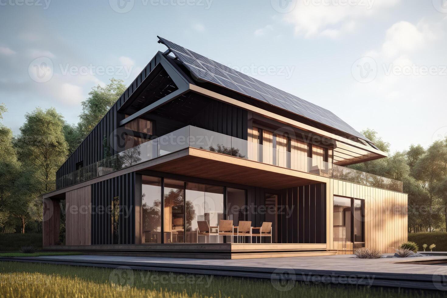 modern Haus mit Solar- Paneele generativ ai foto