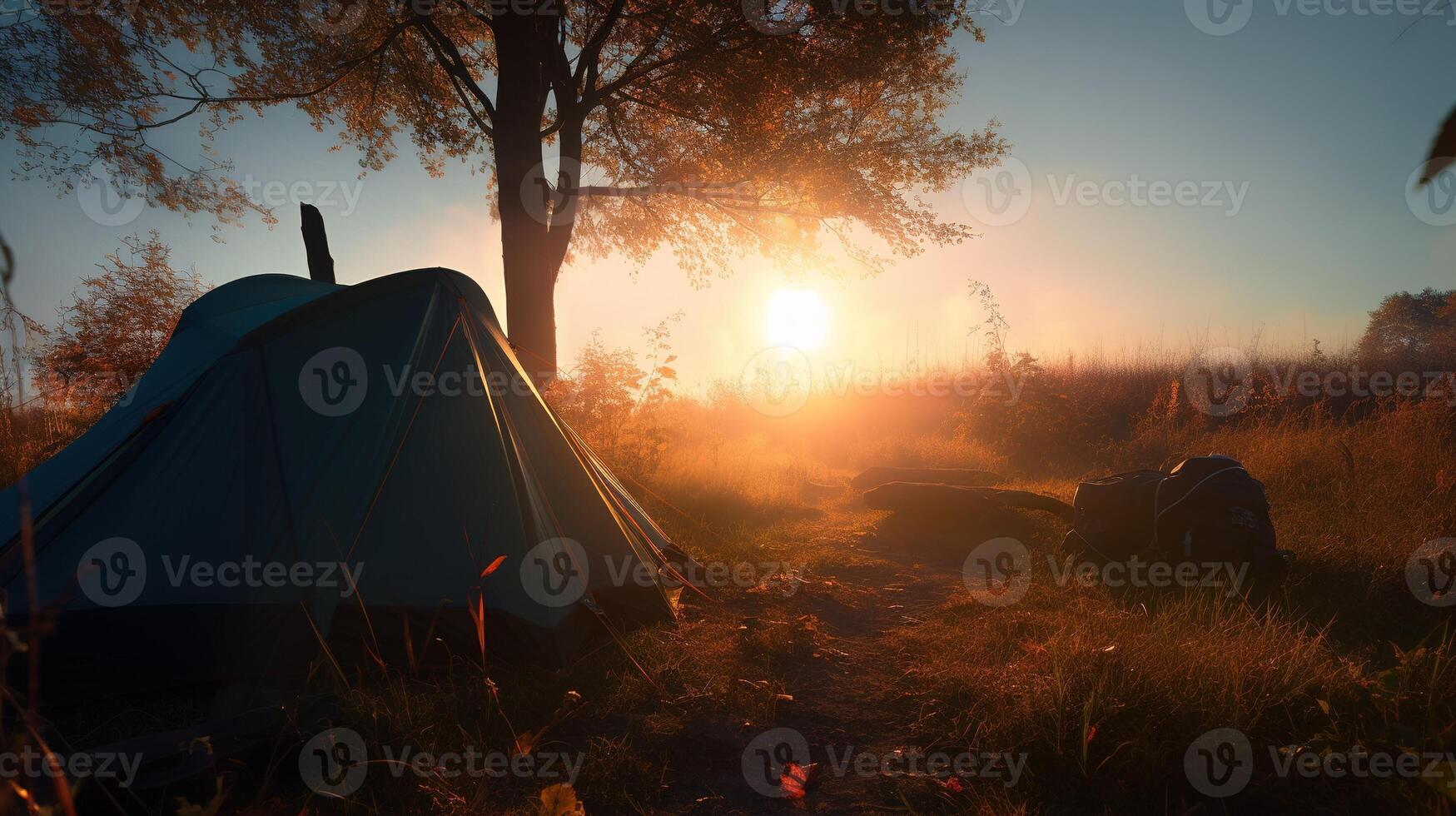 Dämmerung im das wild, Camping beim Sonnenaufgang. generativ ai foto