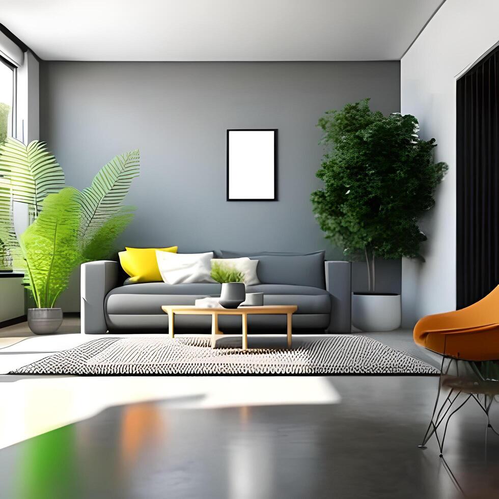 Leben Zimmer Innere Attrappe, Lehrmodell, Simulation, Möbel und dekorativ modisch Blume und Pflanzen, Weiß Sofa und Sessel, natürlich Elemente und Minimalismus 3d machen . ai generativ foto