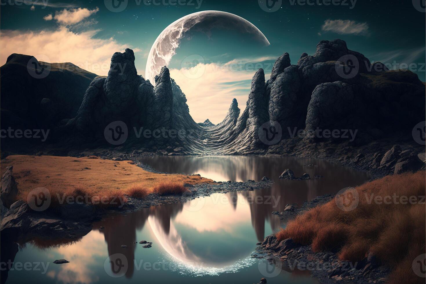 das Fluss mit das Mond. bizarr Landschaft konzeptionelle visuell Kunst natürlich Fantasie Kunst durch ai generiert foto
