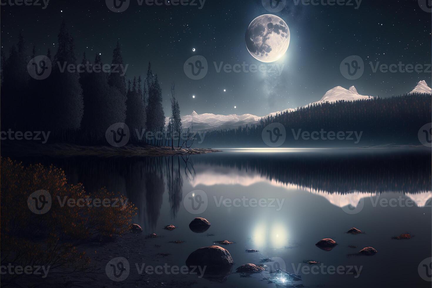 Mond Licht beim See leuchtenden Mond beim Nacht Wald Sterne leuchtenden durch ai generiert foto