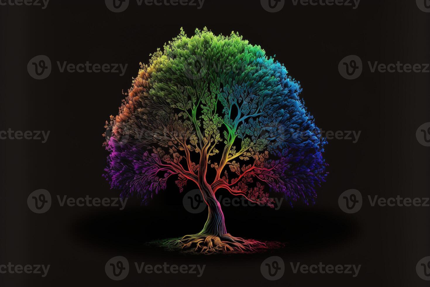 Regenbogen Baum isoliert schwarz Hintergrund durch ai generiert foto