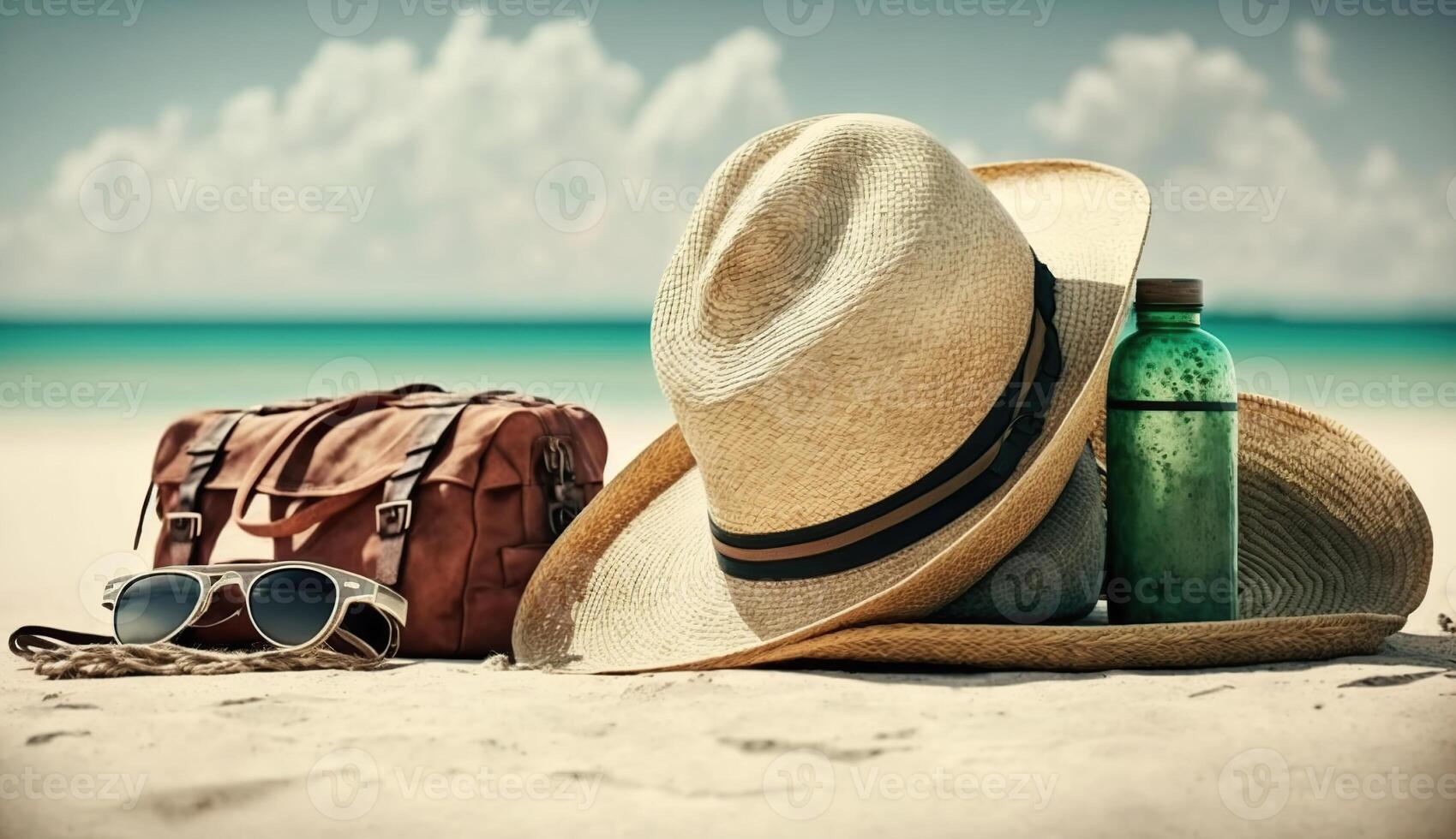 Konzept Sommer- Urlaub. Zubehör - - Tasche, Stroh Hut, Sonnenbrille mit  Palme Baum Betrachtung, Pareo, Flip Flops auf sandig Strand gegen Ozean,  Blau Himmel, Wolken und hell Sonne, generativ ai 22814288 Stock-Photo