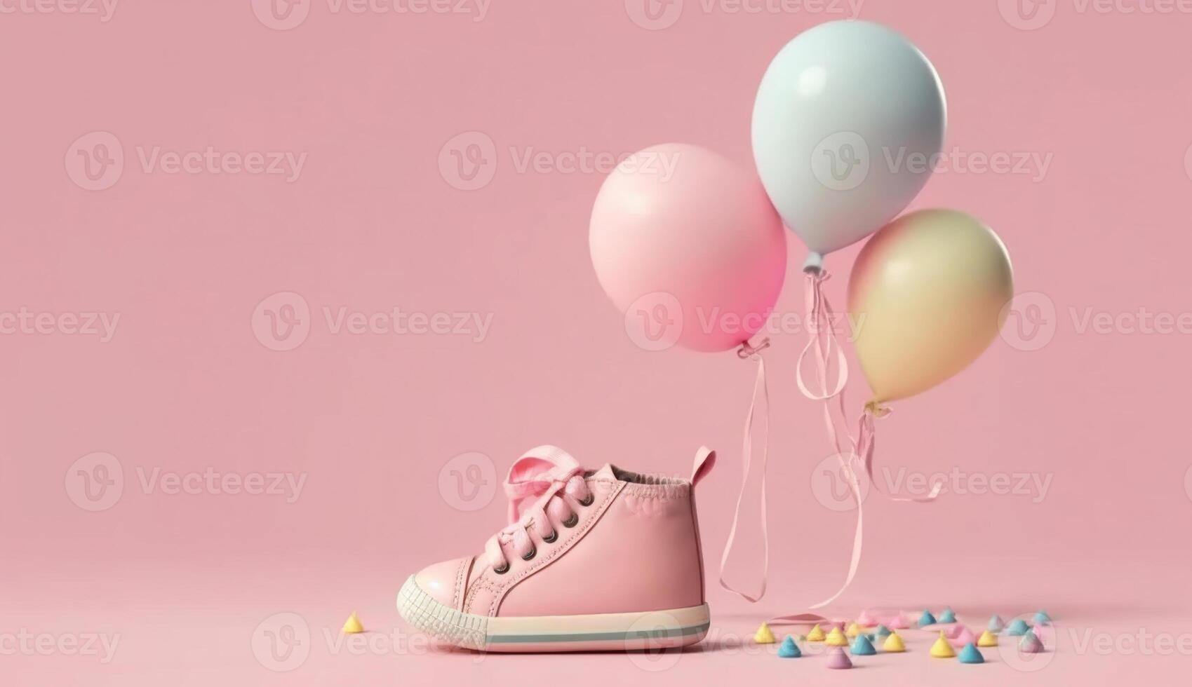 Rosa Baby Schuhe mit bunt Ballon auf Rosa Hintergrund mit Raum zum Text. minimal Feiertag Konzept, generativ ai foto