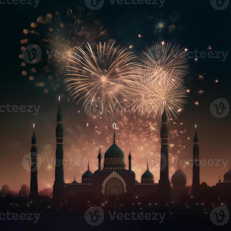 Feier Hintergrund mit ein Moschee und Feuerwerk im das Nacht Himmel. eid Feier Konzept ai generiert Kunstwerk foto