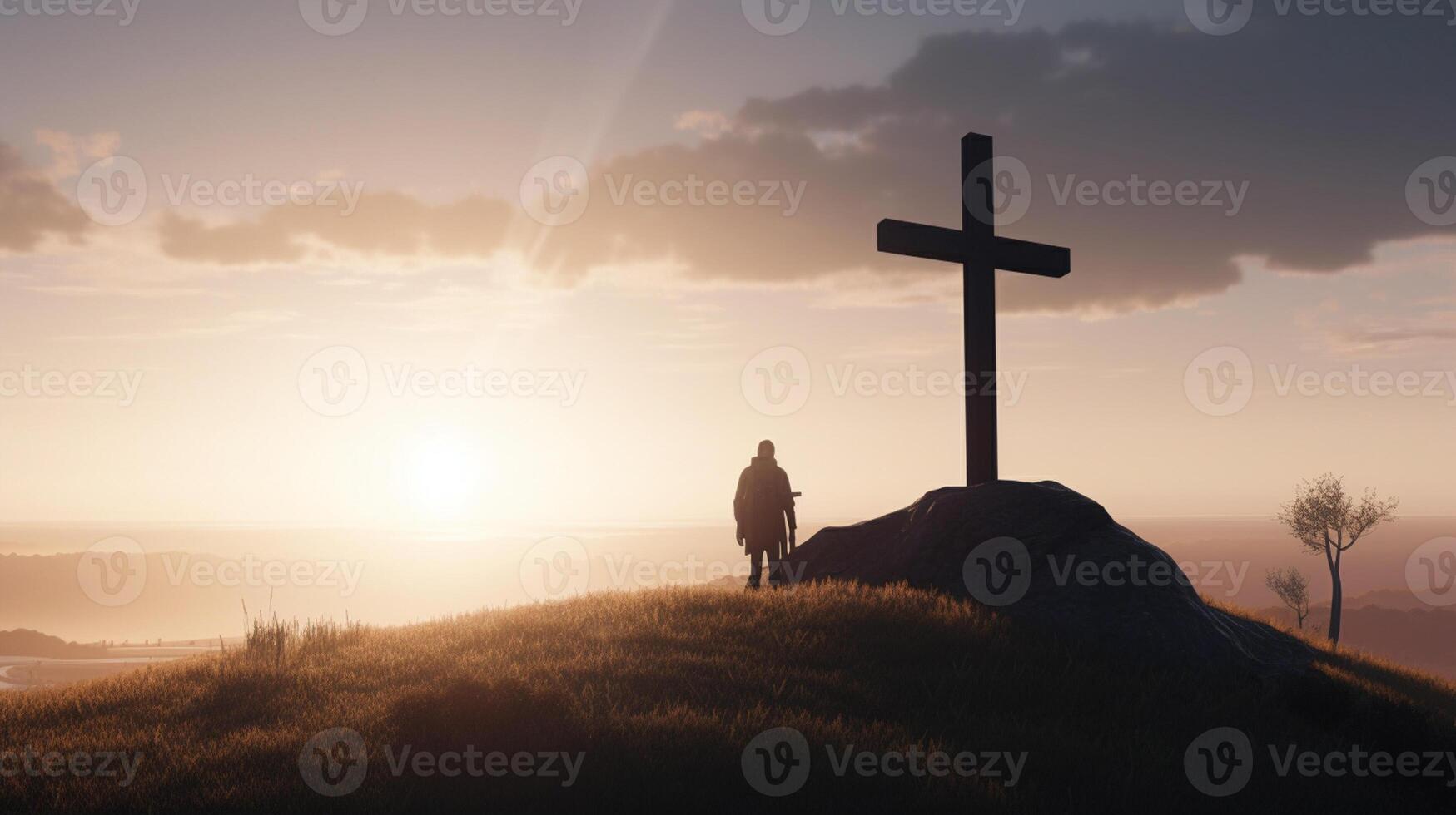 Silhouette von ein Mann Stehen auf ein Berg mit ein Kreuz. ai generiert Kunstwerk foto