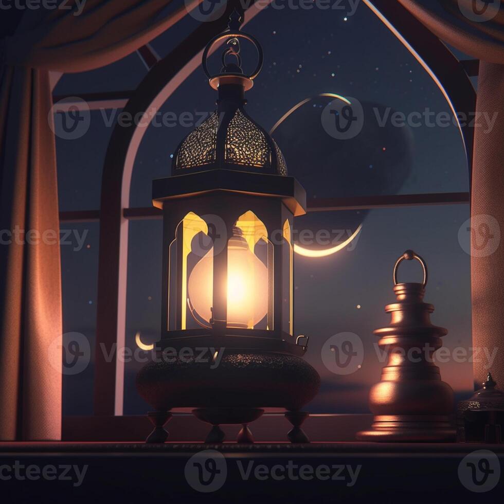 Ramadan kareem Gruß Karte. Arabisch Laternen, Mond und Moschee beim Nacht. ai generiert Kunstwerk foto