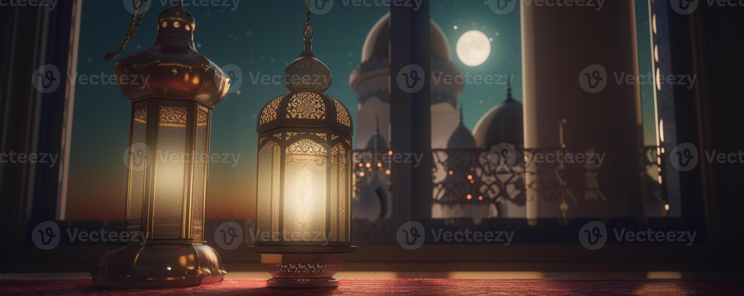 Ramadan kareem Gruß Karte. Arabisch Laternen, Mond und Moschee beim Nacht. ai generiert Kunstwerk foto