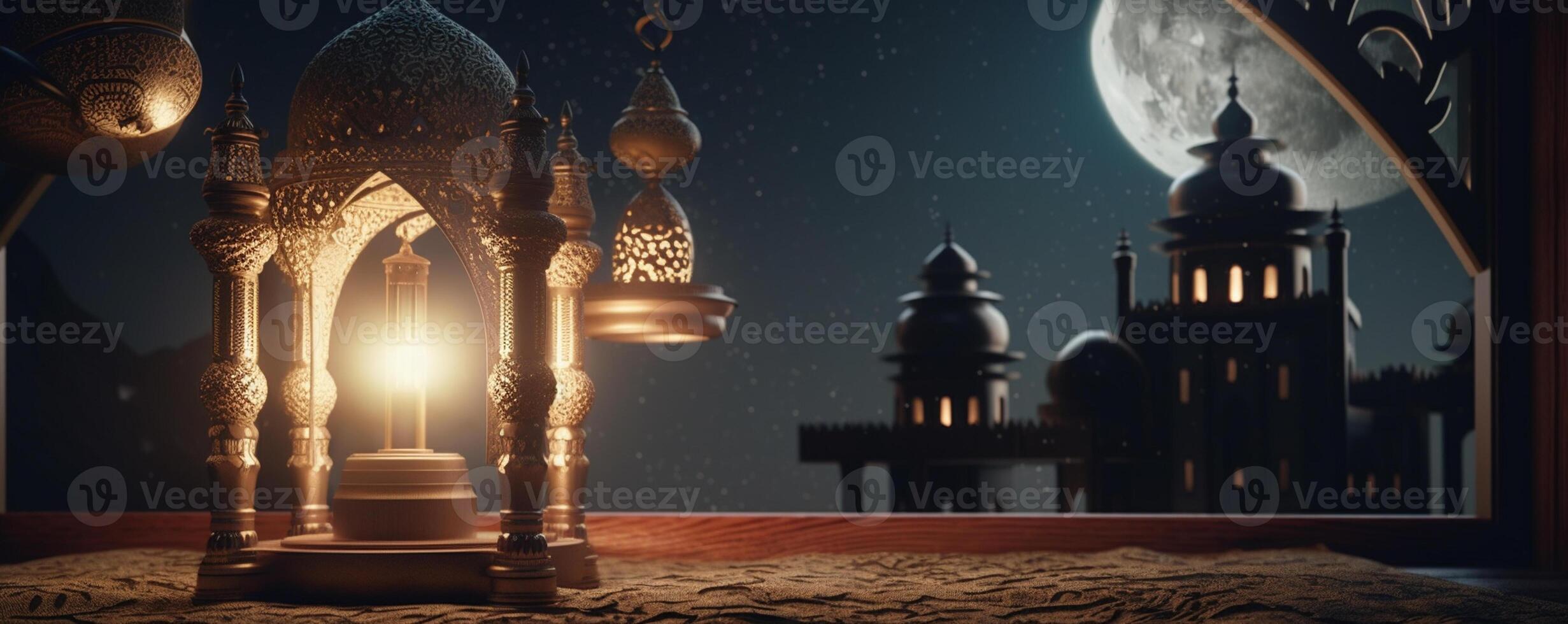 Ramadan kareem Gruß Karte. Arabisch Laternen, Mond und Moschee beim Nacht. ai generiert Kunstwerk foto