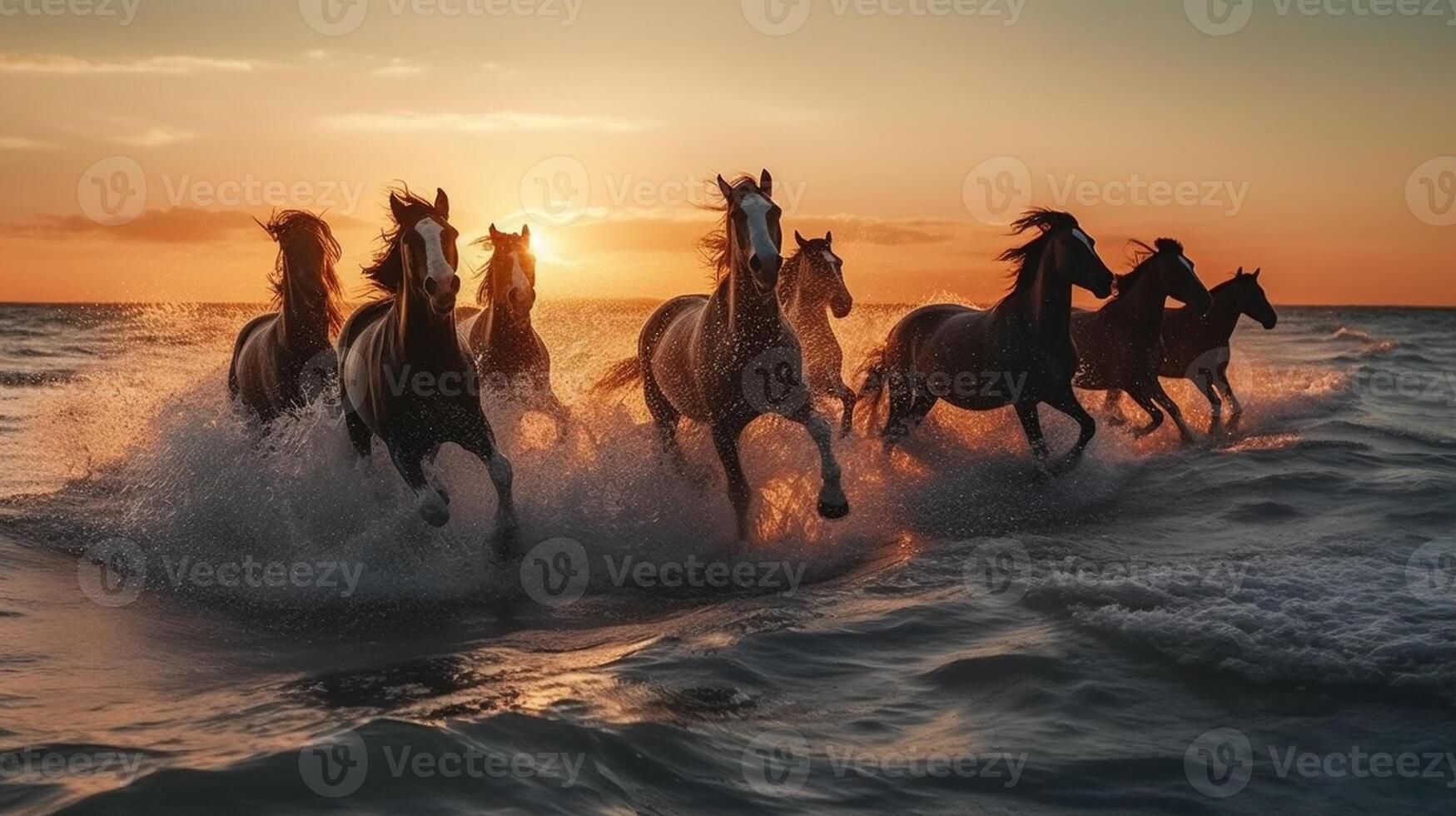 Herde von Pferde galoppierend im das Meer beim Sonnenuntergang im Sommer- ai generiert Kunstwerk foto