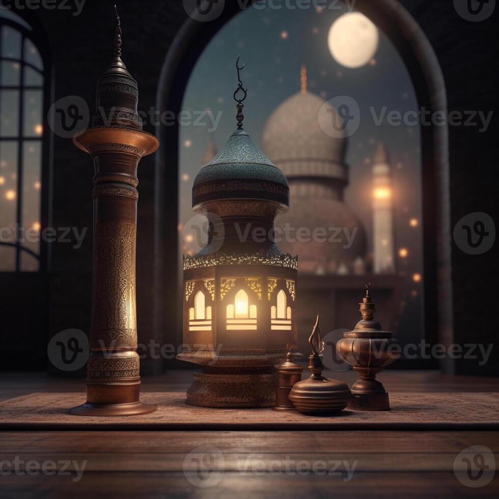 Ramadan kareem Gruß Karte. Arabisch Laternen, Mond und Moschee beim Nacht. ai generiert Kunstwerk foto