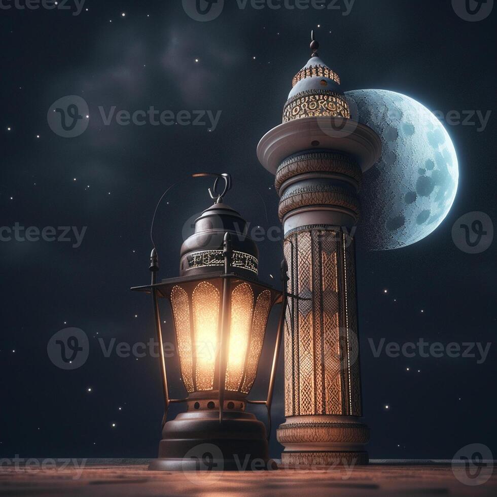 Ramadan kareem Gruß Karte. Arabisch Laternen, Mond und Moschee beim Nacht. ai generiert Kunstwerk foto