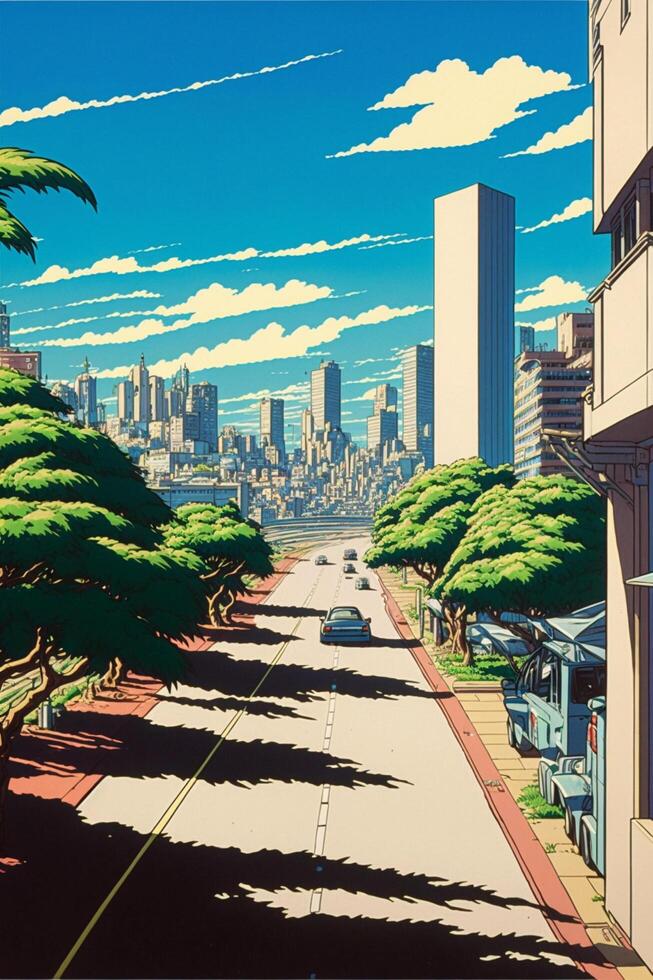 90er Jahre japanisch Animation kunihiko Ikuhara Stil Stadt wetteifern. generativ ai. foto