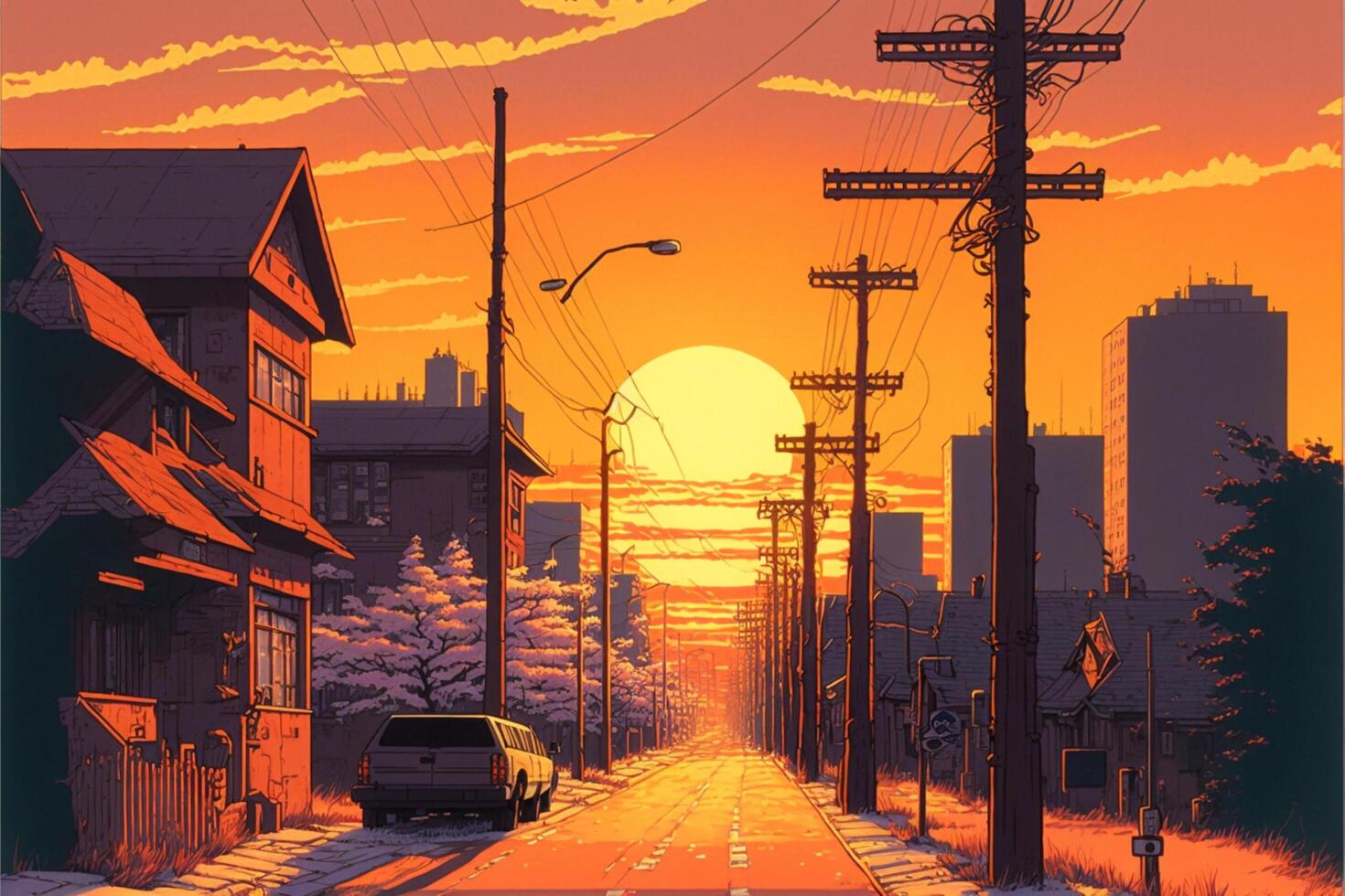 90er Jahre japanisch Animation kunihiko Ikuhara Stil Stadt wetteifern. generativ ai. foto