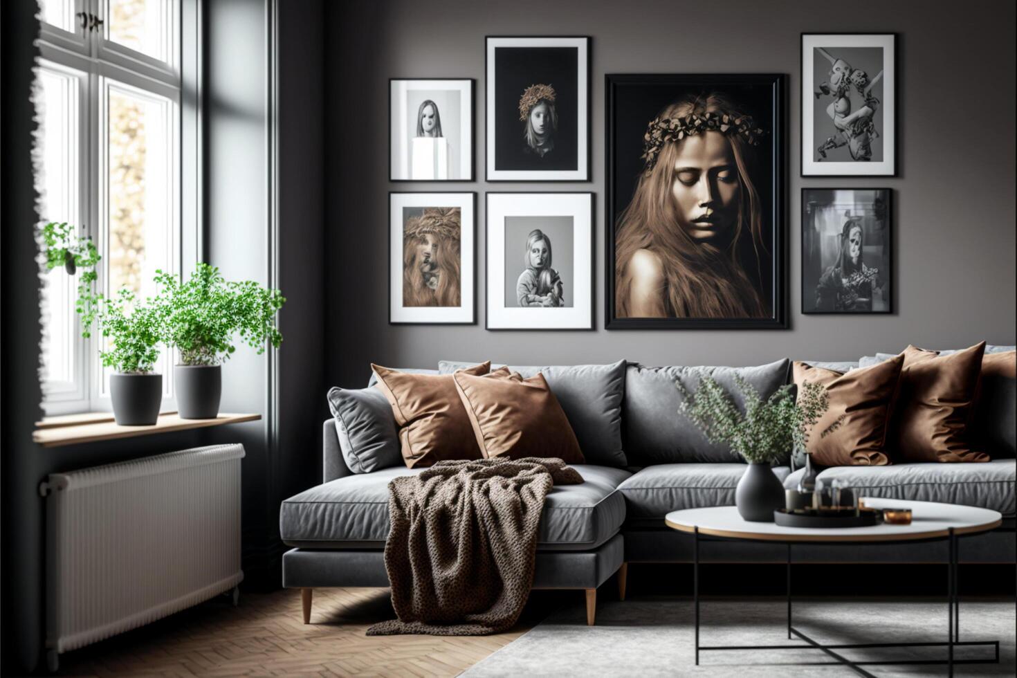 Galerie von modisch Plakate im elegant grau Leben Zimmer. generativ ai foto