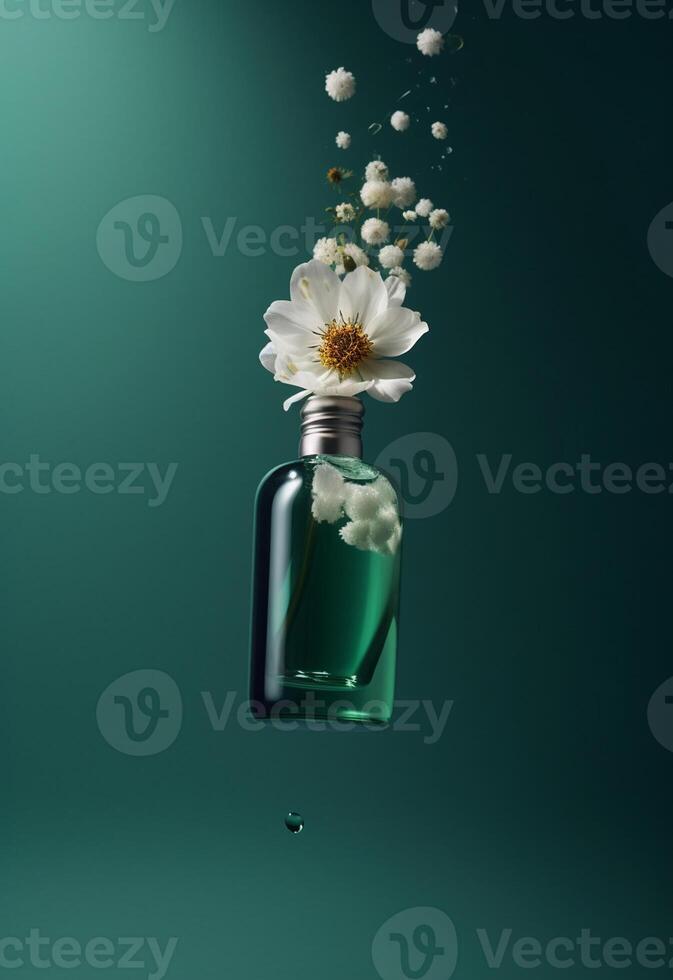 Flasche von Parfüm mit Blume auf Grün Hintergrund, Levitation Konzept ai generiert foto