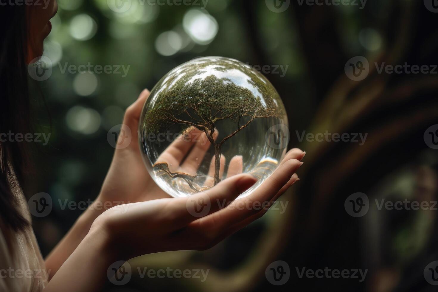 ein Baum Innerhalb von ein Glas Kugel gehaltenen durch ein weiblich Hand erstellt mit generativ ai Technologie foto