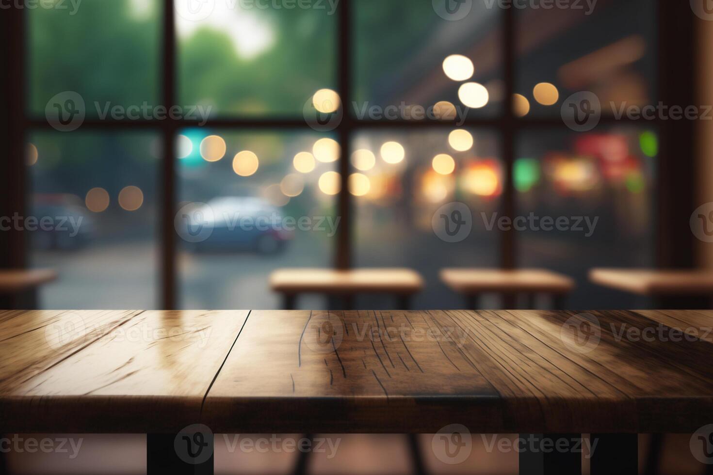 leeren Holz Tabelle oben und verwischen Glas Fenster Innere Restaurant ai generiert foto