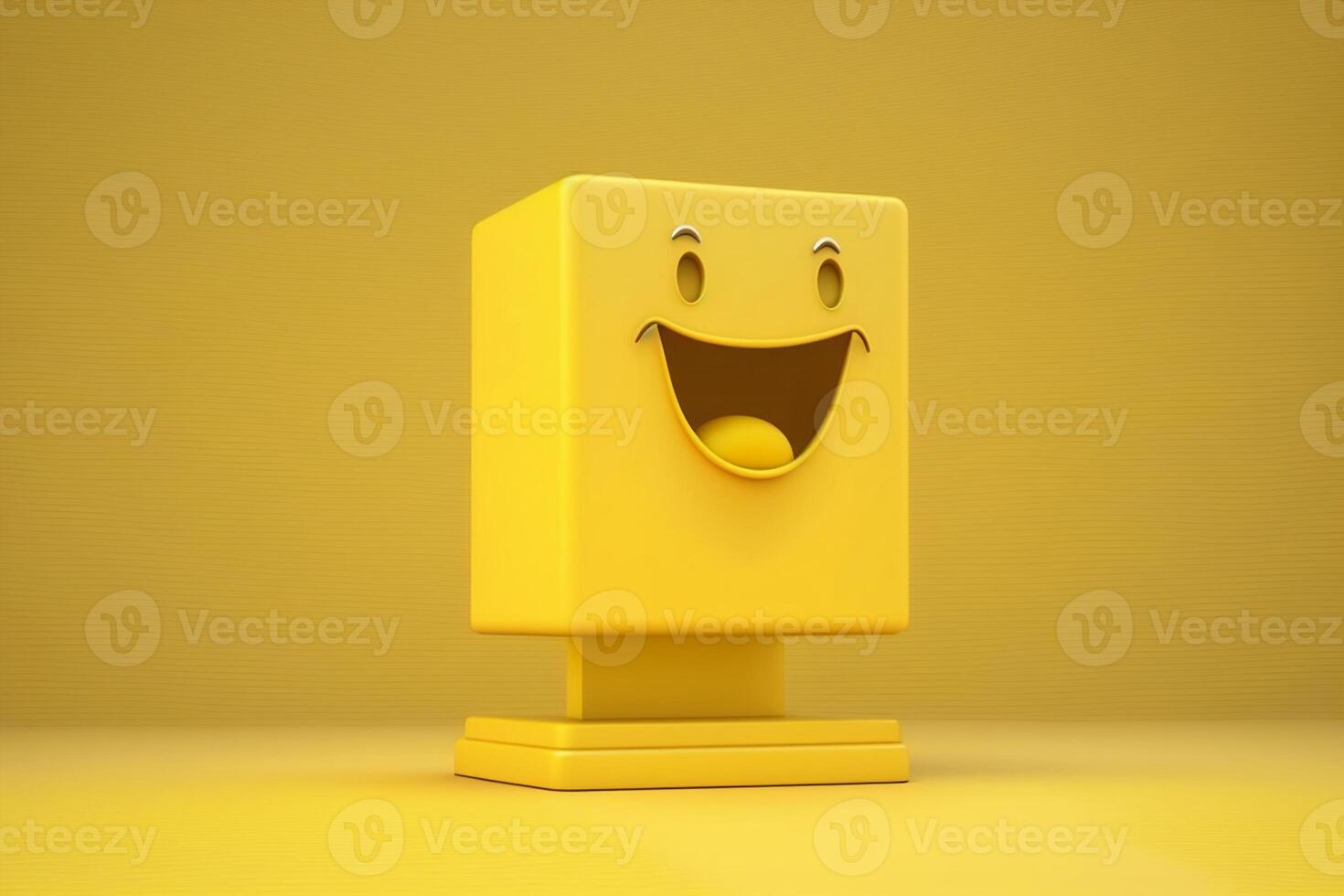 minimal Gelb Podium mit Lachen Lächeln 3d Emotion Symbol Reaktion Gesicht süß Sozial Medien ai generiert foto