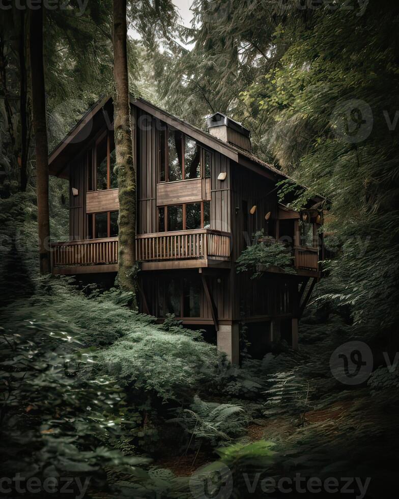 ein modern Haus im Wald perfekt zum isoliert Ferien oder gerade ein friedlich entspannen im das Verbindung mit Natur. modern die Architektur. generativ ai. foto