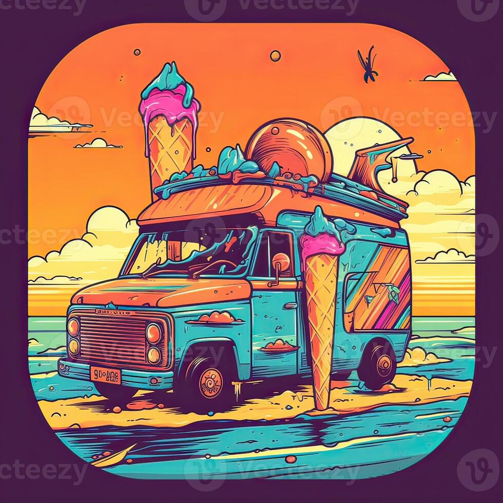 Jahrgang, retro Surfen van mit Palmen, Sonne und ein Möwe. handgemalt T-Shirt Grafik, drucken. Vektor Illustration. generativ ai. foto